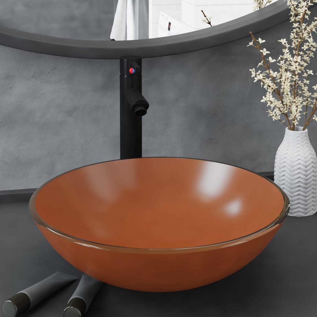 Vidaxl wastafel met kraan en pop-up afvoer gehard glas bruin