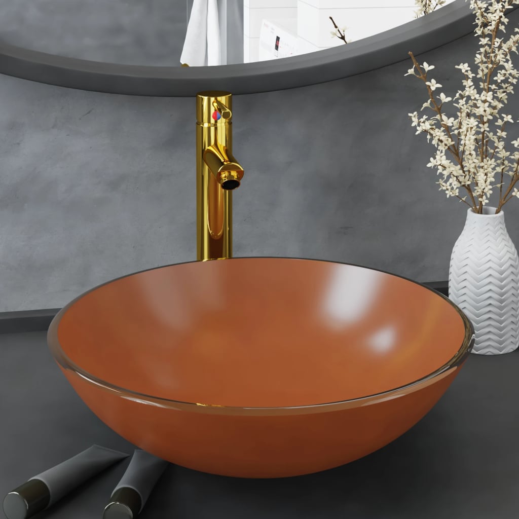 Vidaxl wastafel met kraan en pop-up afvoer gehard glas bruin