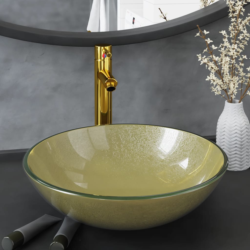 Vidaxl wastafel met kraan en pop-up afvoer gehard glas goudkleurig