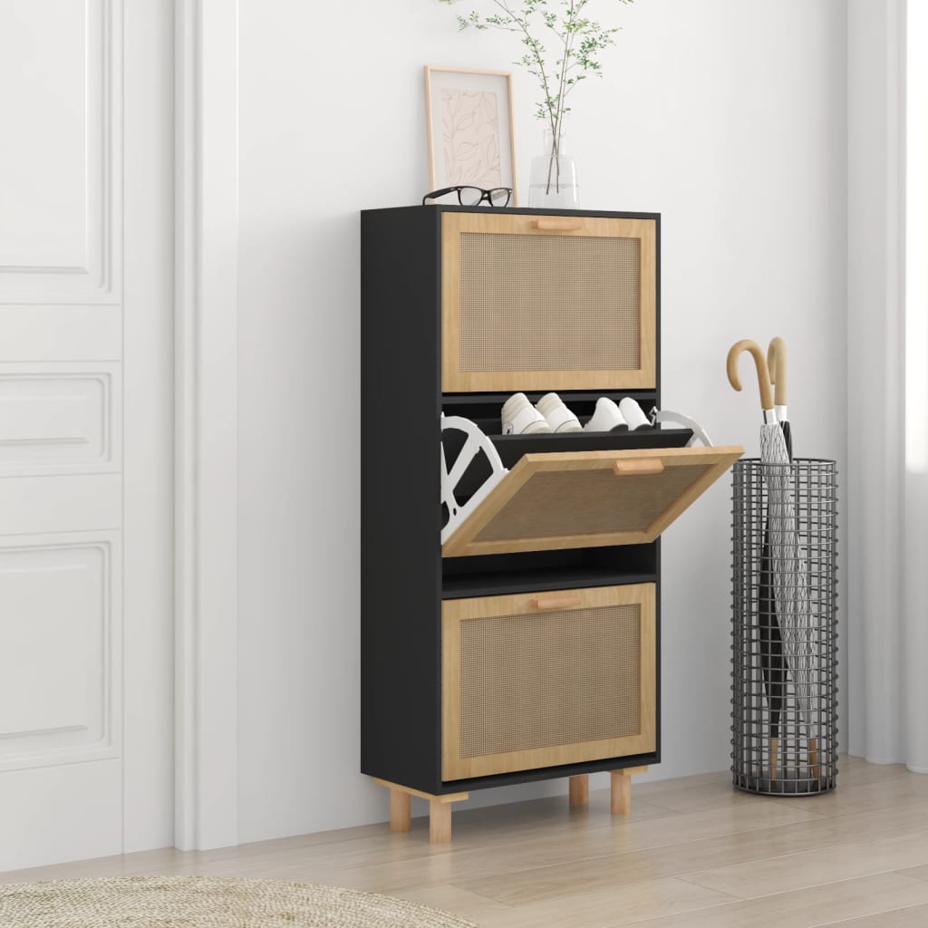 Vidaxl schoenenkast 52x25x115 cm bewerkt hout en rattan zwart