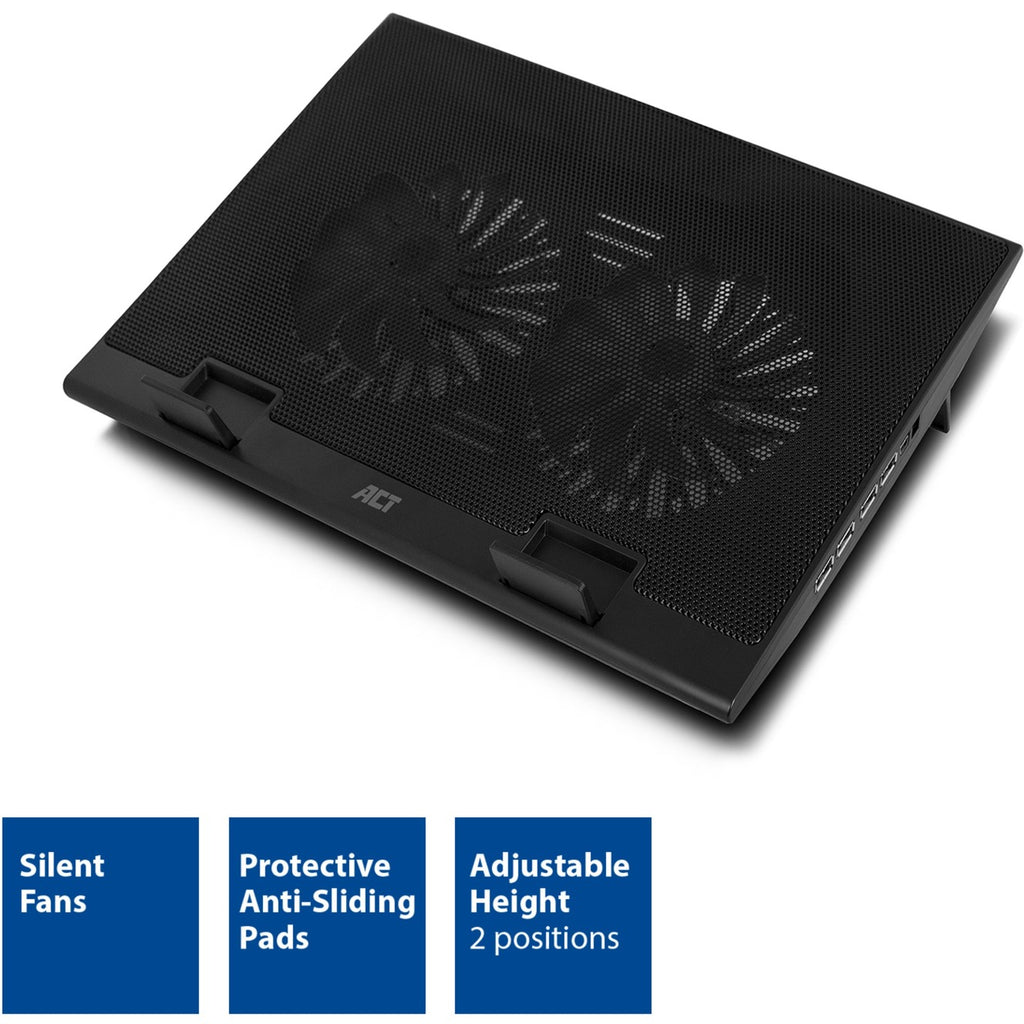 Act connectivity laptopstandaard, met ventilator, hoogte verstelbaar in 2 standen (zwart, 4-poorts usb 2.0 hub)