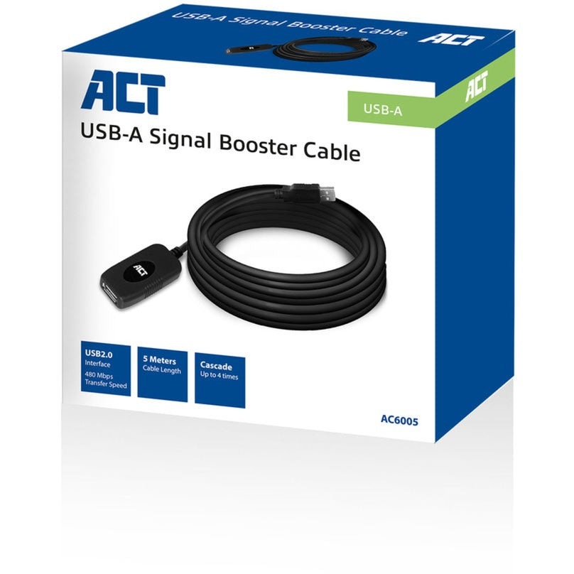 Act connectivity usb 2.0 signaalversterker, 5 meter verlengkabel (zwart)