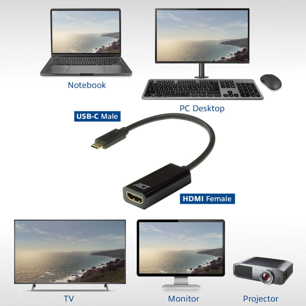 Act connectivity usb-c naar hdmi female adapter (zwart)