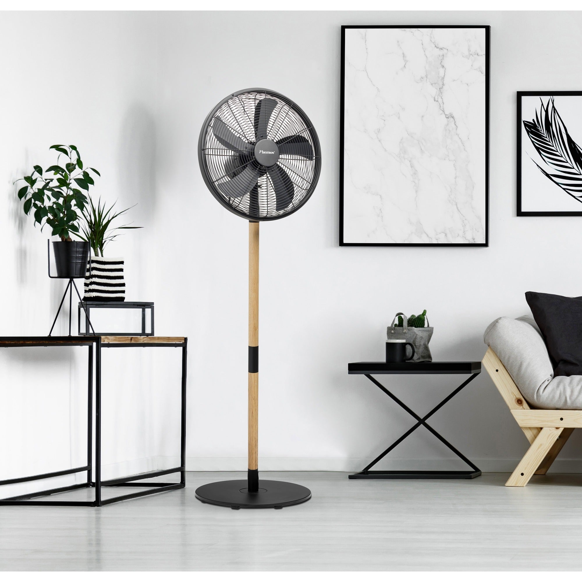 Bestron dfs45wb design statiefventilator (zwart houtkleur, ø 45 cm | stijlvol hout desgin)