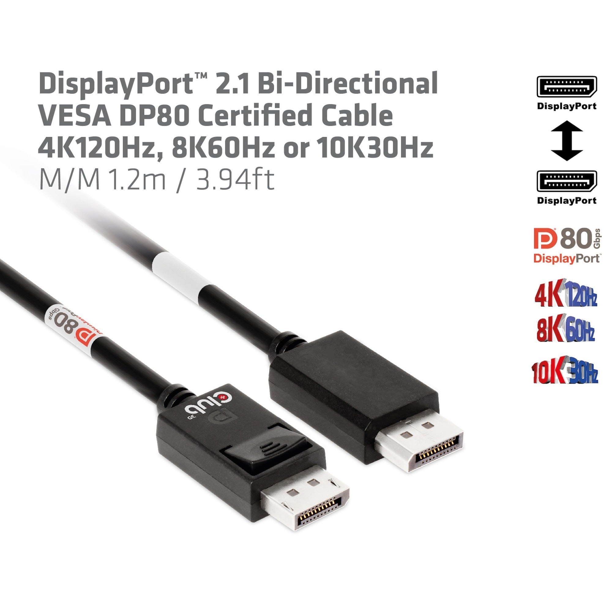 Club 3d displayport 2.1 bi-directional vesa dp80 certified kabel 4k 240 hz (zwart, 1,2 meter)