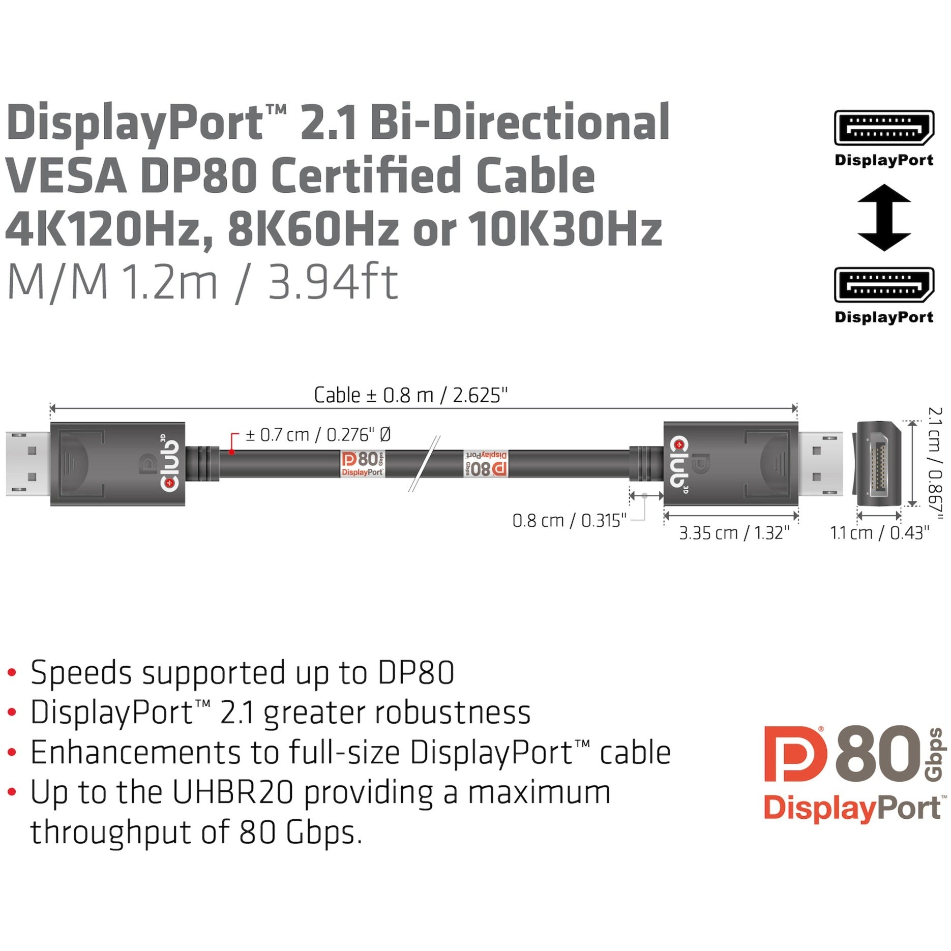 Club 3d displayport 2.1 bi-directional vesa dp80 certified kabel 4k 240 hz (zwart, 1,2 meter)