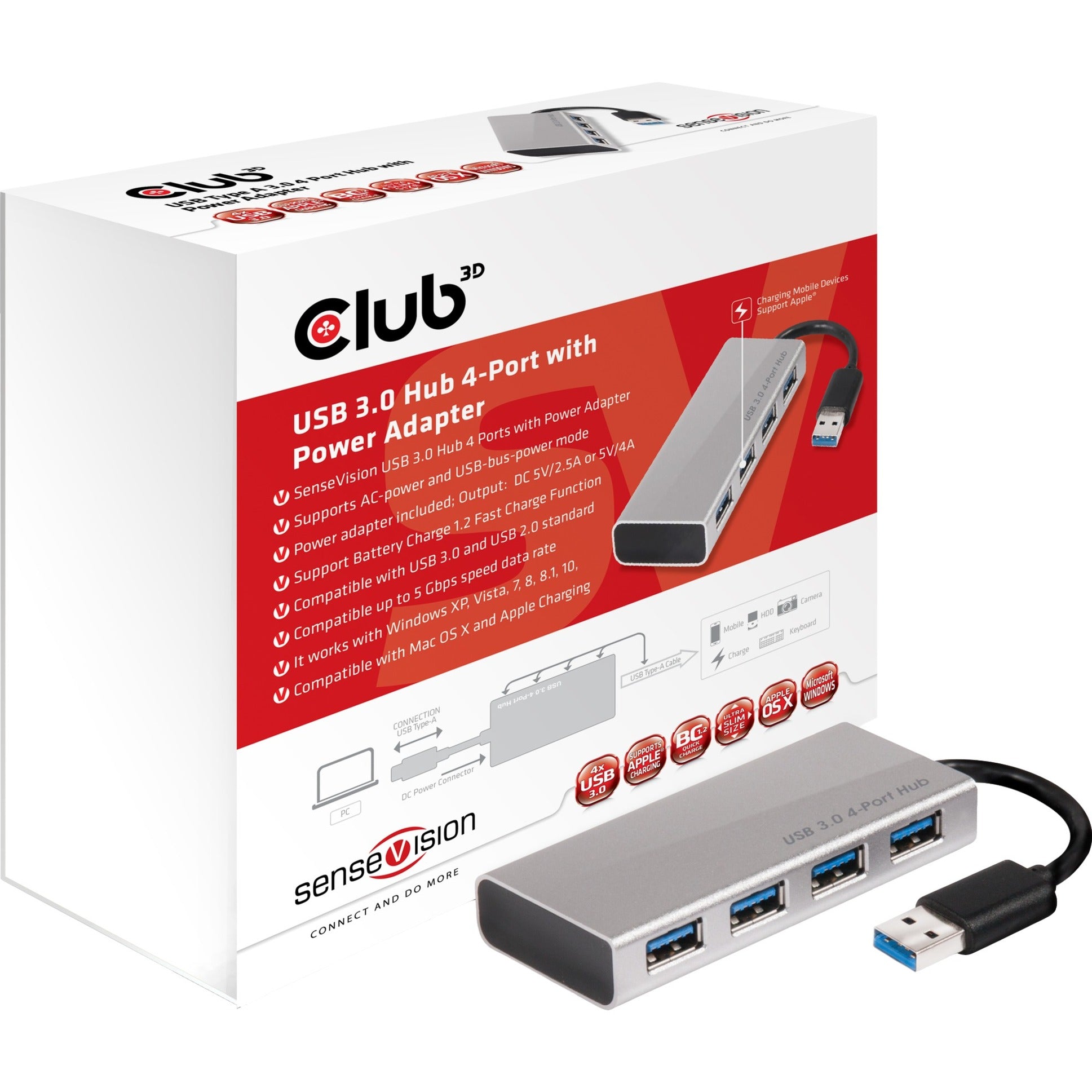 Club 3D Club 3D USB 3.0 Hub 4-Port + Adapter