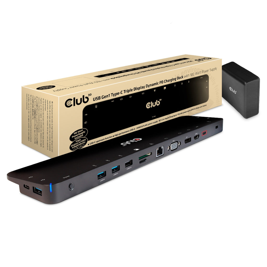 Club 3d usb-c 3.2 gen1 triple display dynamic pd charging dock 100w dockingstation (zwart)