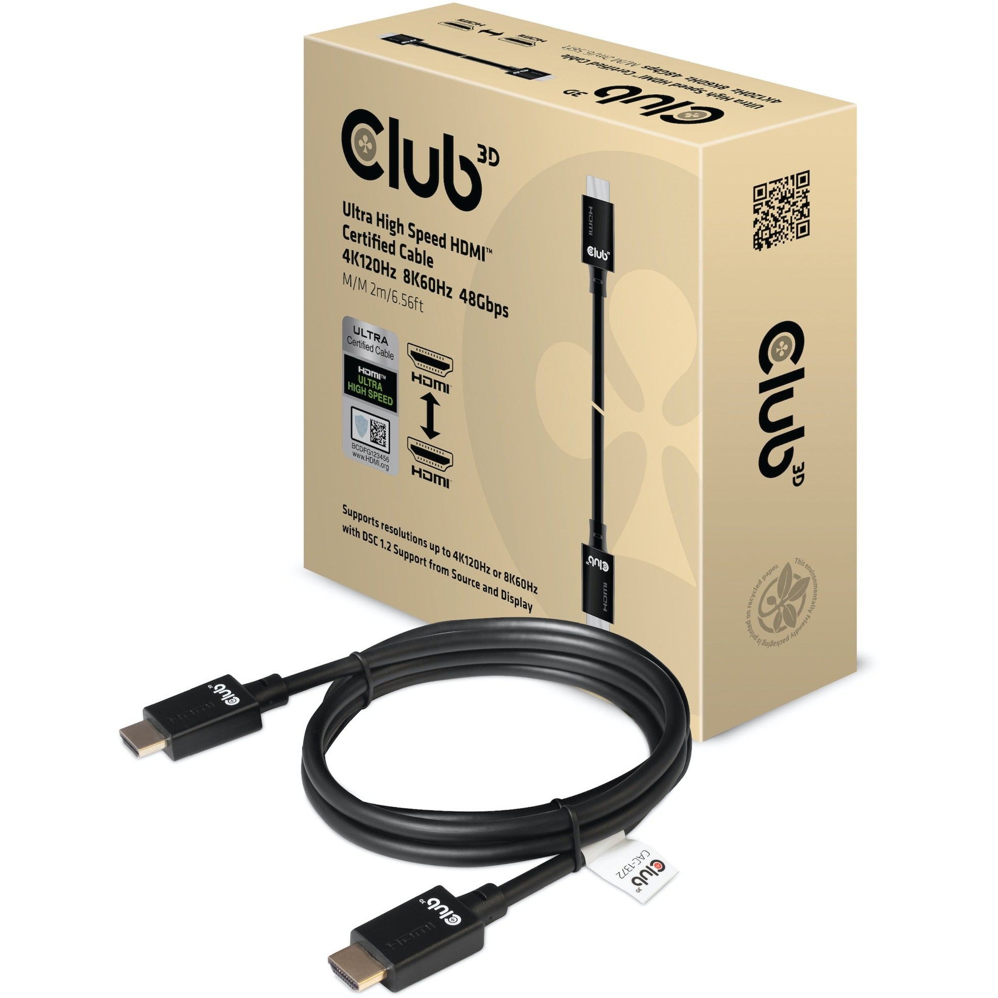 Club 3d ultra high speed hdmi kabel (zwart, 2 meter, 4k 120hz, 8k 60hz, 48gbps)