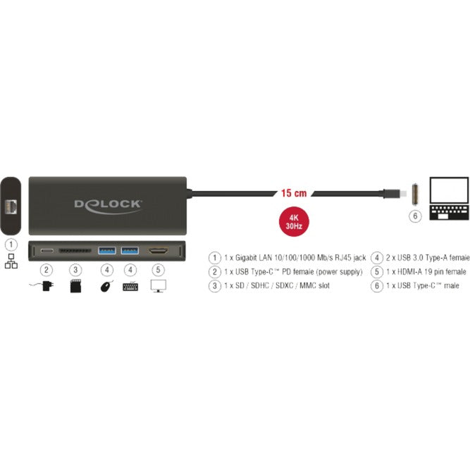 Delock usb type-c 3.1 docking station hdmi 4k 30 hz, gigabit lan en usb pd functie (antraciet, hdmi, usb-c, usb-a, sd-kaartlezer)