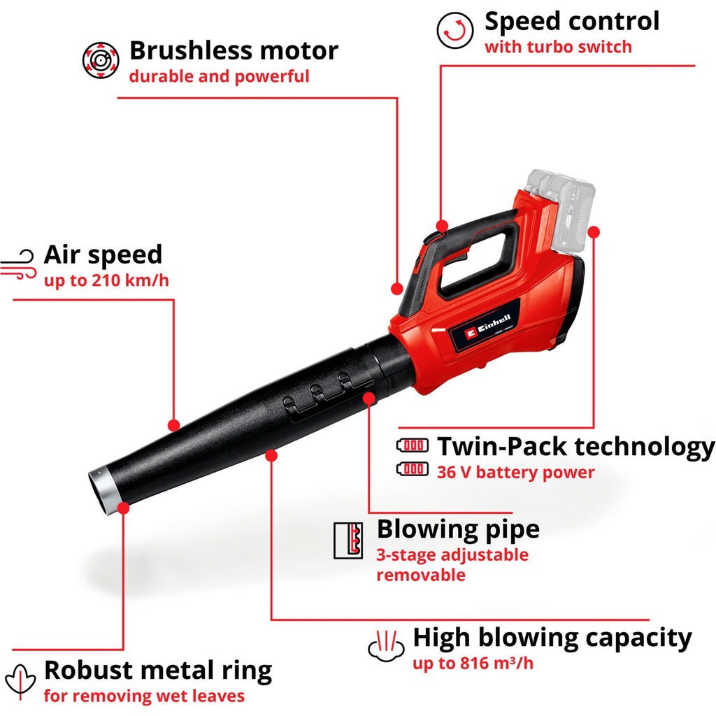 Einhell ge-lb 36 210 li e-solo bladblazer (rood zwart, accu en oplader niet inbegrepen)