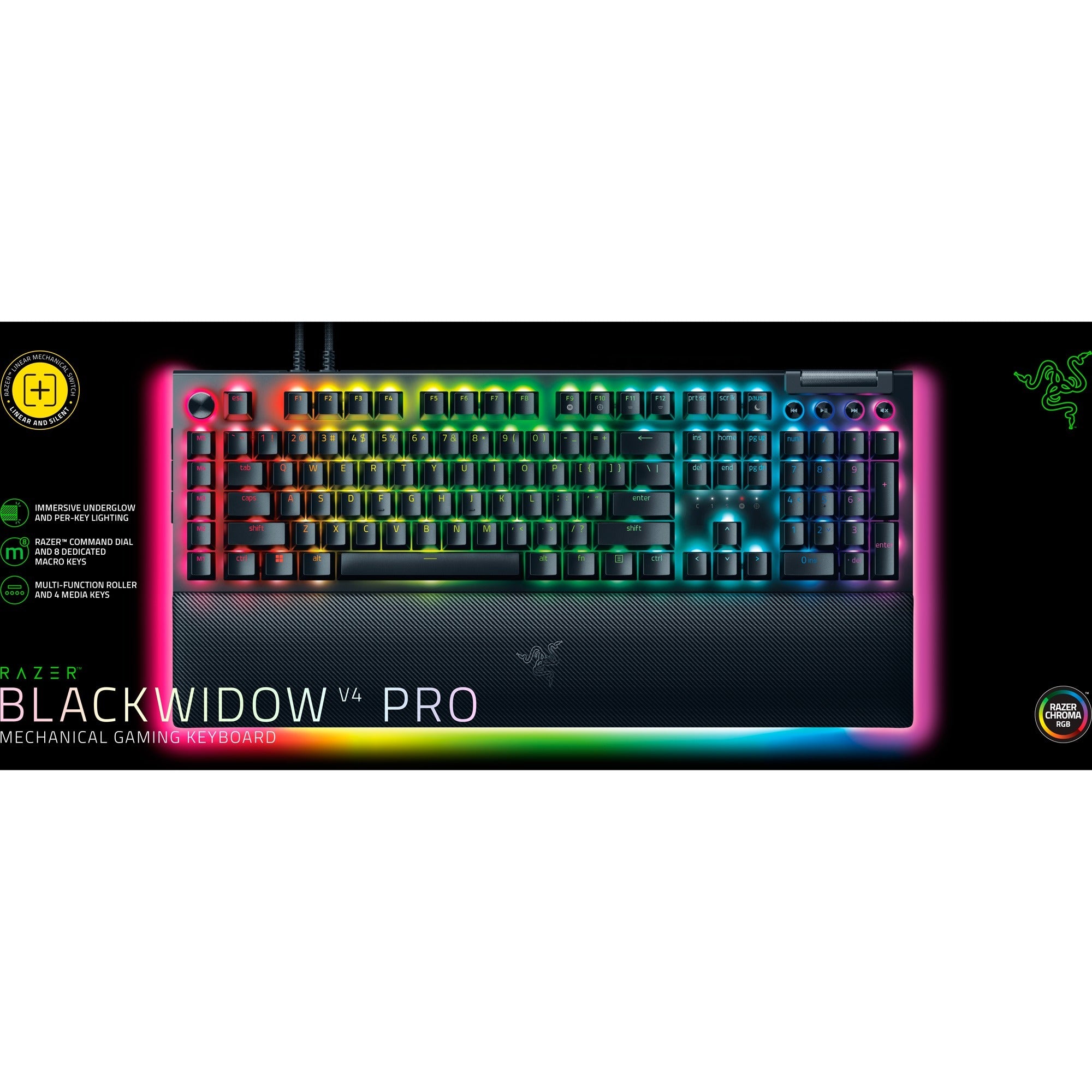 Razer blackwidow v4 pro, gaming toetsenbord (zwart, us lay-out, yellow, rgb leds, doubleshot abs)
