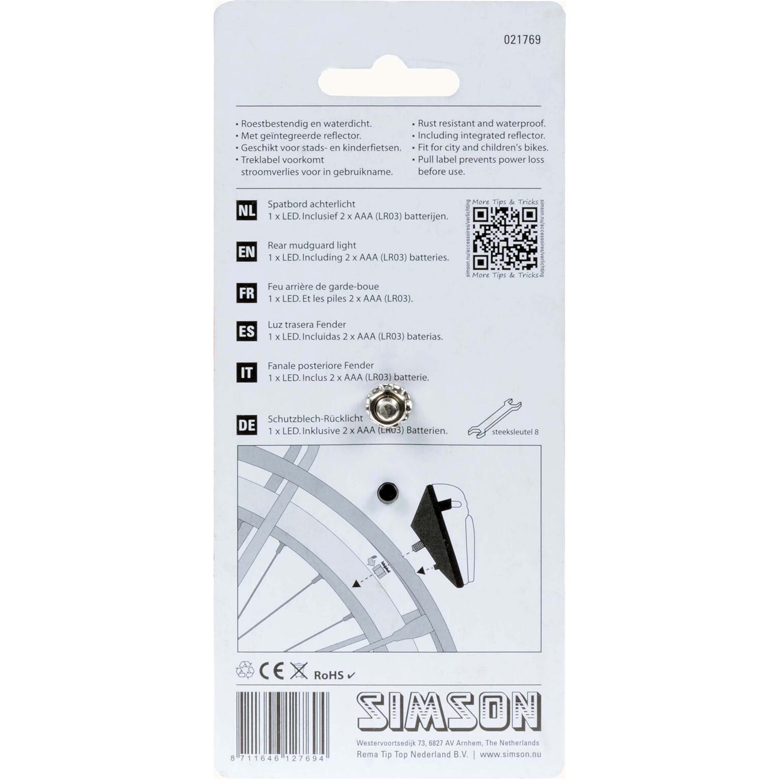 Simson spatbordachterlicht LED incl. batterijen op kaart