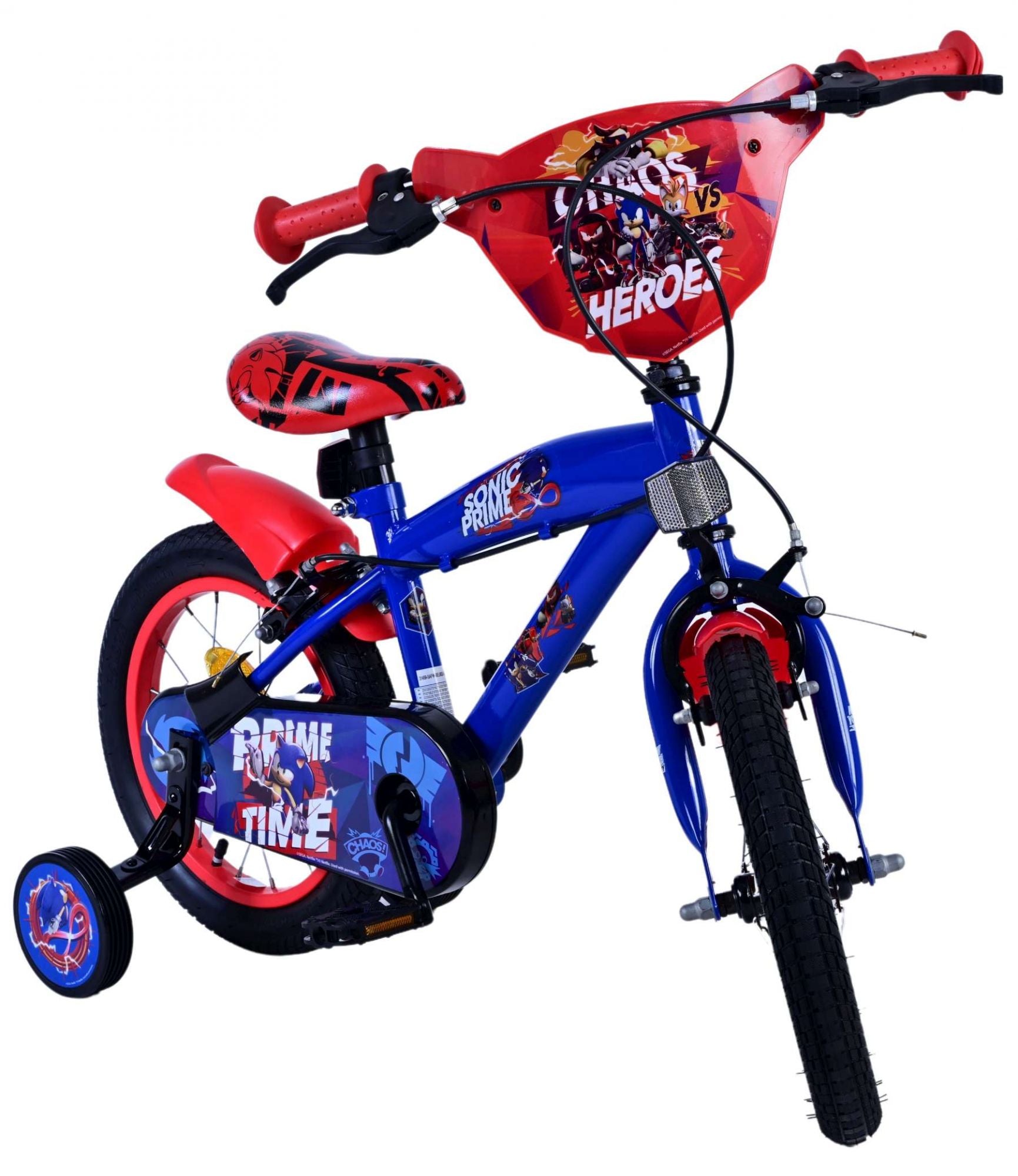 Sonic prime kinderfiets - jongens - 14 inch - blauw rood - twee handremmen