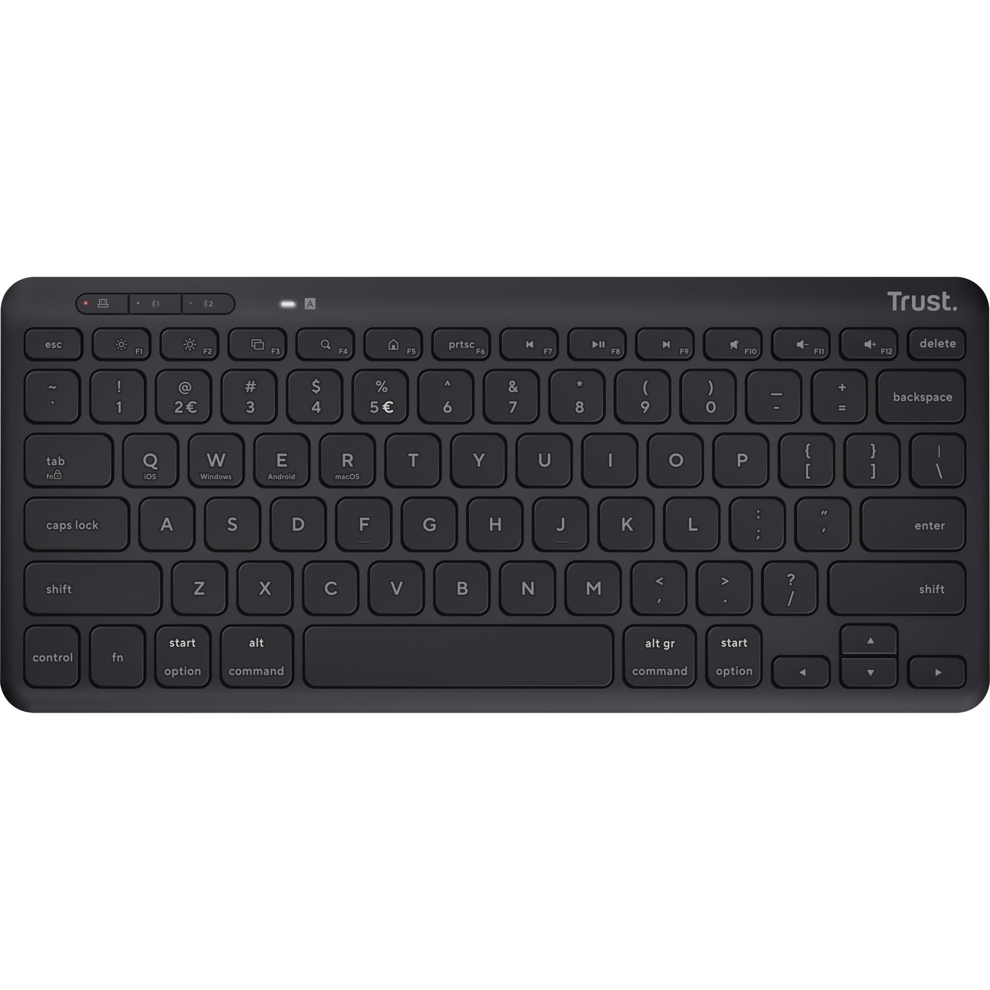 Trust lyra compact draadloos toetsenbord (zwart, us lay-out, scissor switches, 2,4 ghz usb, bluetooth, 65%)