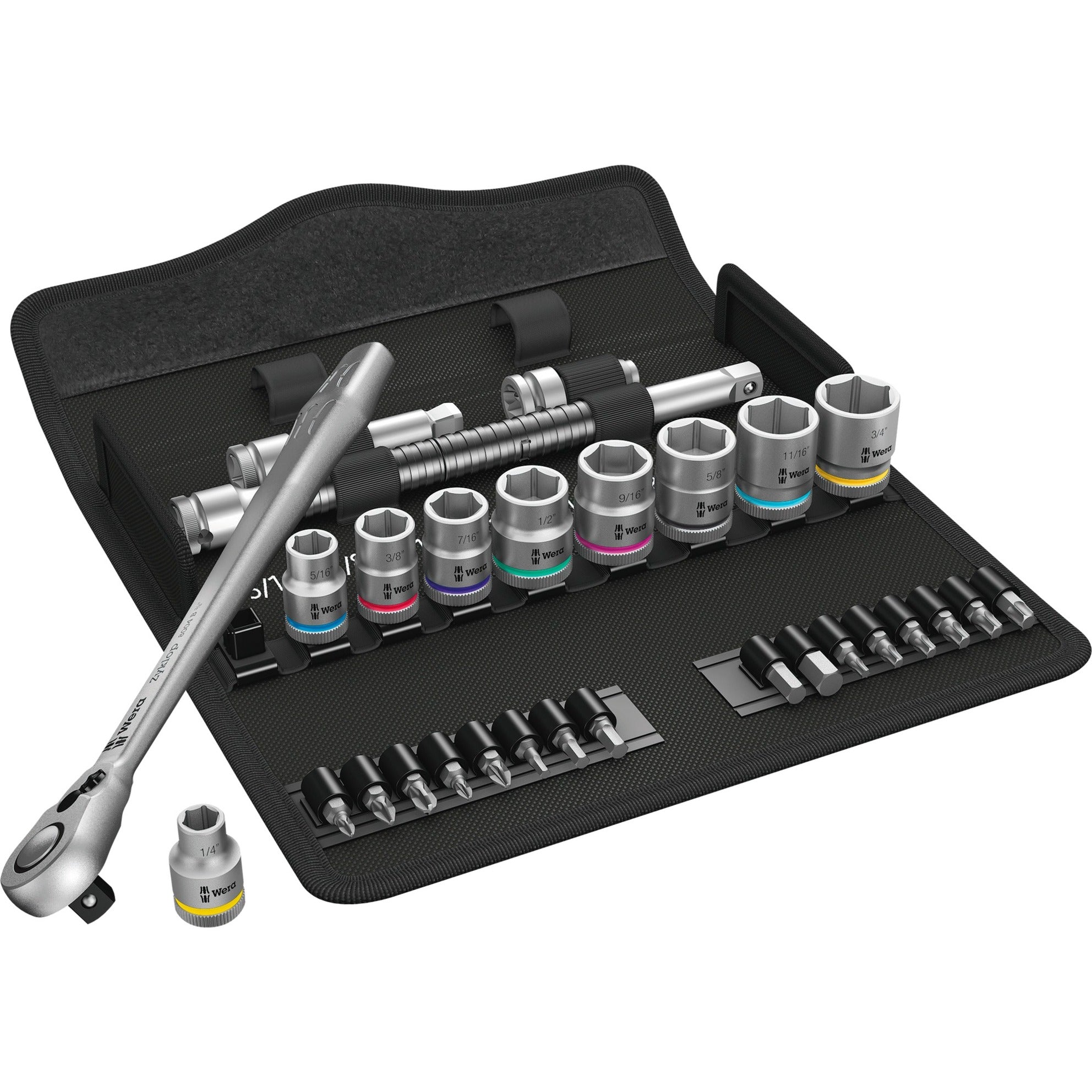 Wera 8100 sb 11 zyklop metalen ratelset, 3 8 gereedschapsset (zwart groen, 29-delig, volledig metalen ratel met vierkantaandrijving)