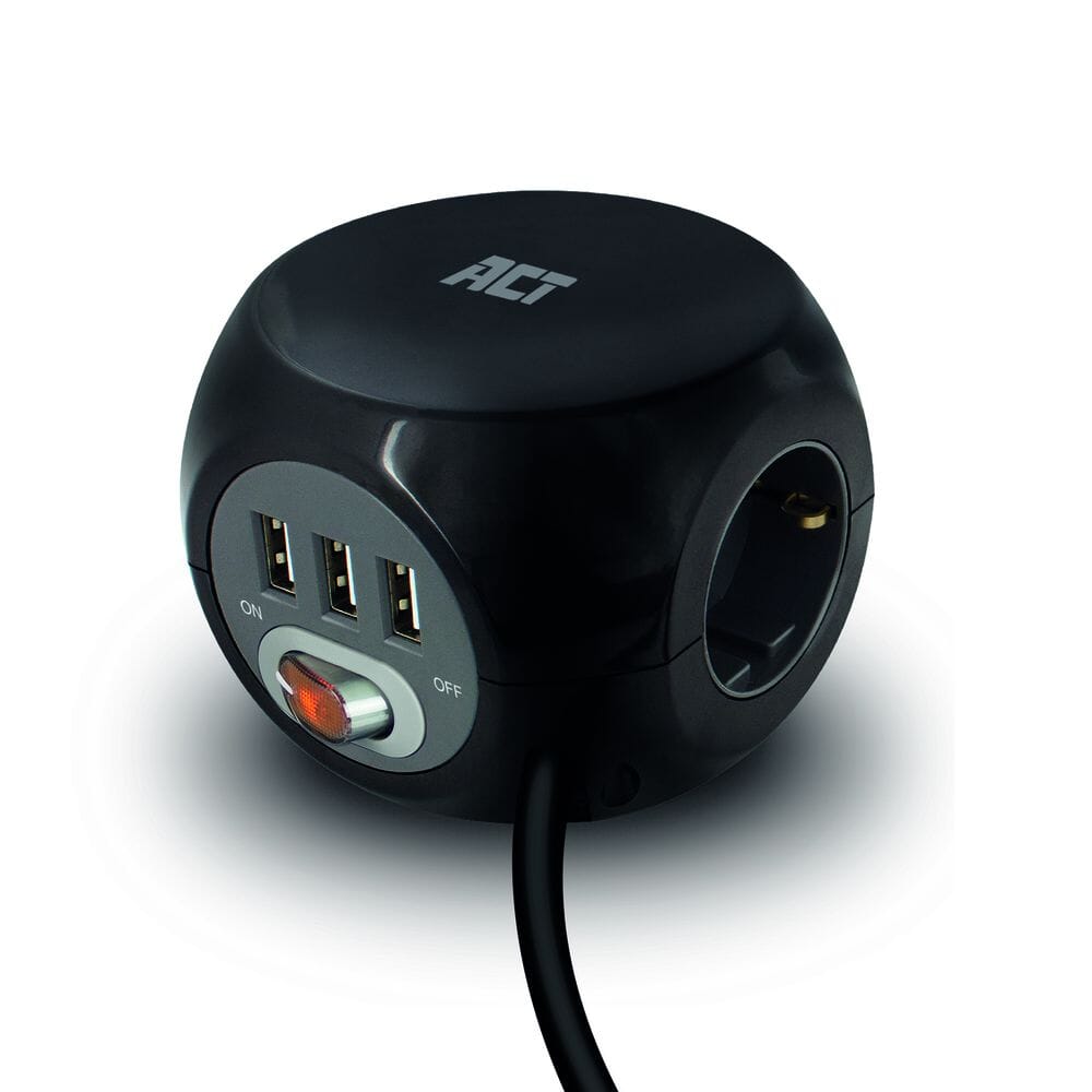 Act connectivity stekkerdoos cube met 3 stopcontacten, usb-a-poorte