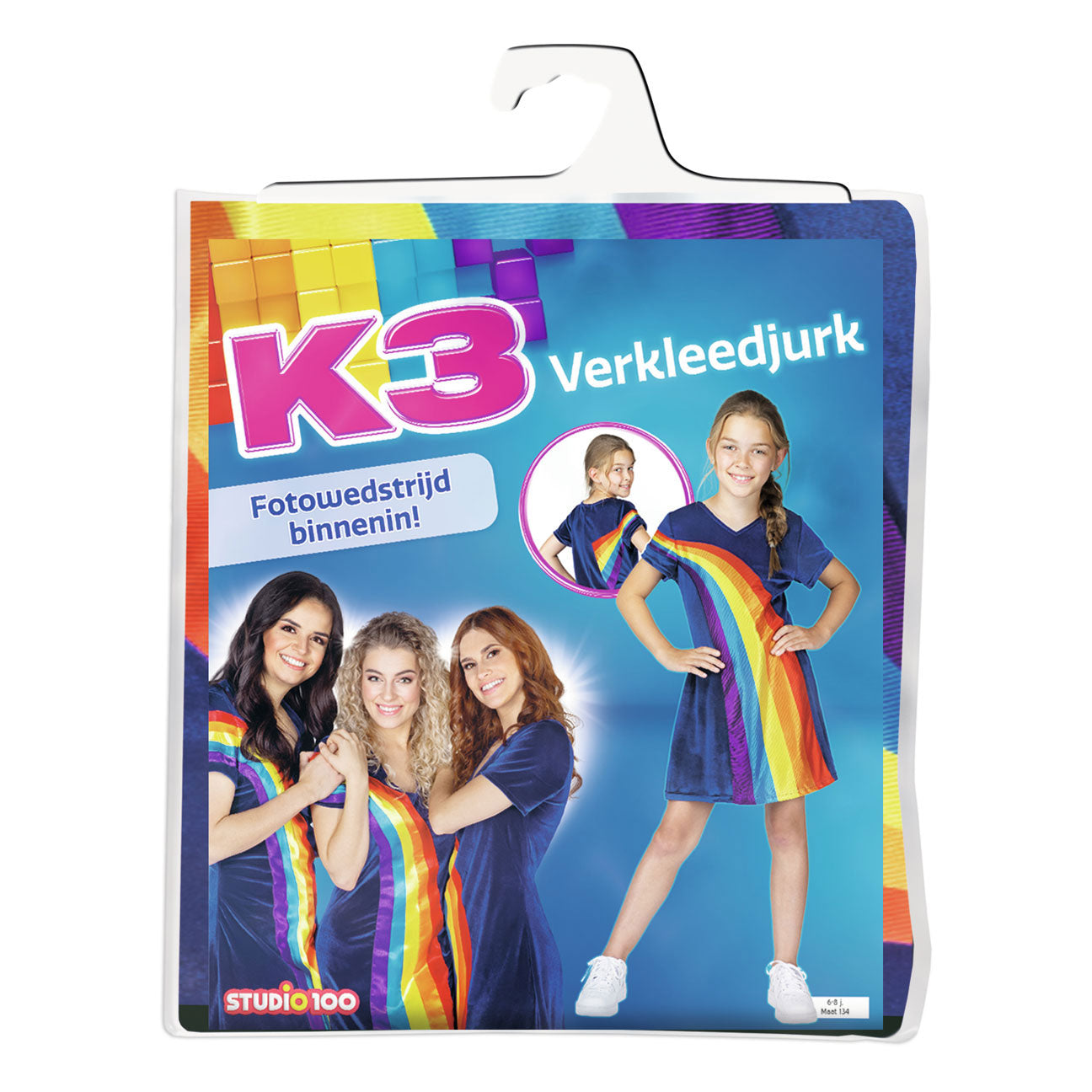 Studio 100 k3 verkleedkleding - verkleedjurk regenboog blauw 6-8 jaar - maat 134 - verkleedkleding