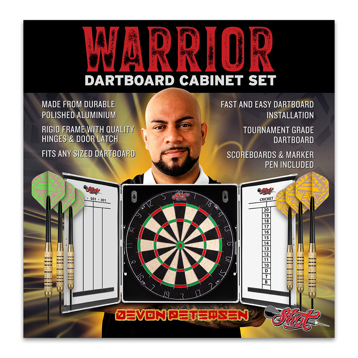 ! Devon Petersen Warrior Aluminium Dartboard Cabinet Set