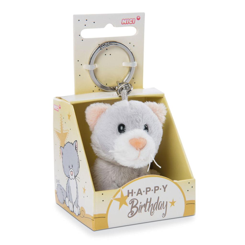 Nici Pluchen Sleutelhanger Kat Happy Birthday in Geschenkdoos, 6cm