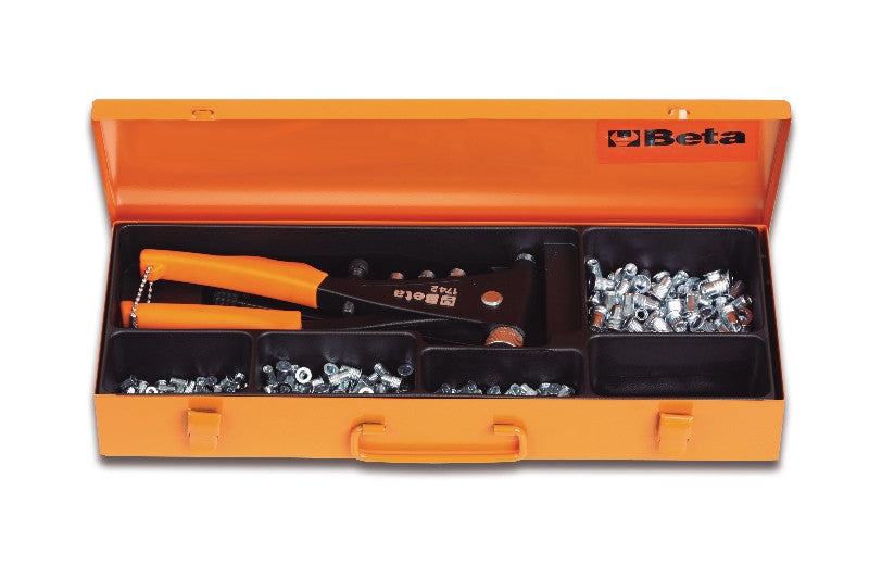 Blindklingtang Beta Tools 1742 met een assortiment van 400 stalen blindklinkmoeren (in koffer)