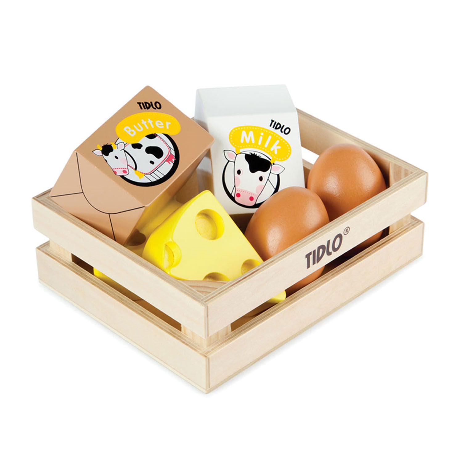Tidlo houten eieren en melk in een kratje