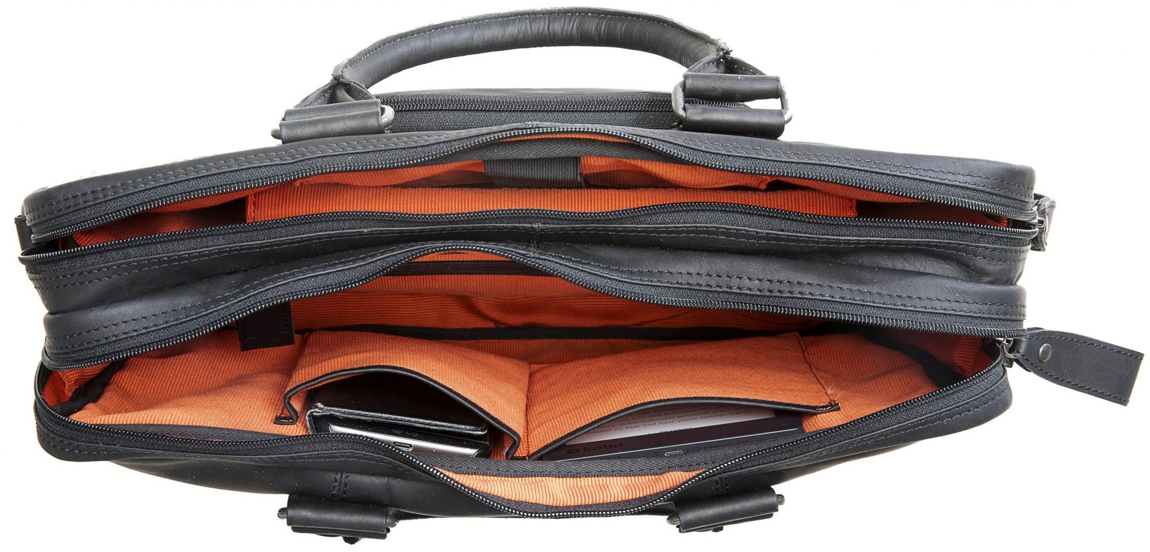 Lederen laptoptas Santos - Luxe, stevig leer - Geschikt voor woon-werkverkeer - Zwart, Cognac - R K variohaken - Unisex