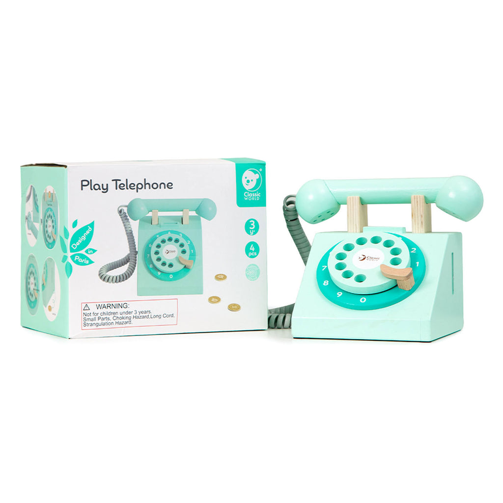classic world houten retro telefoon turquoise