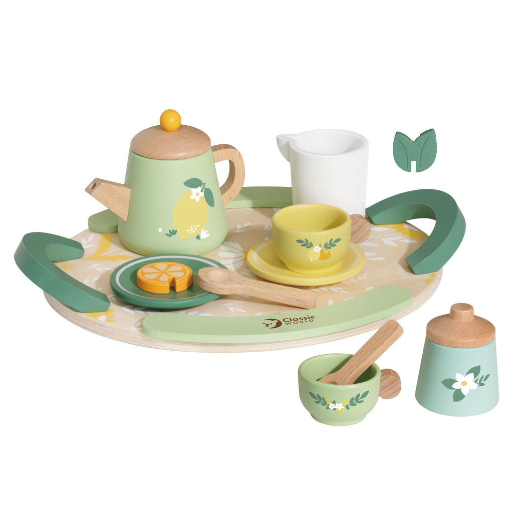 classic world houten vintage theeset met dienblad, 14dlg.