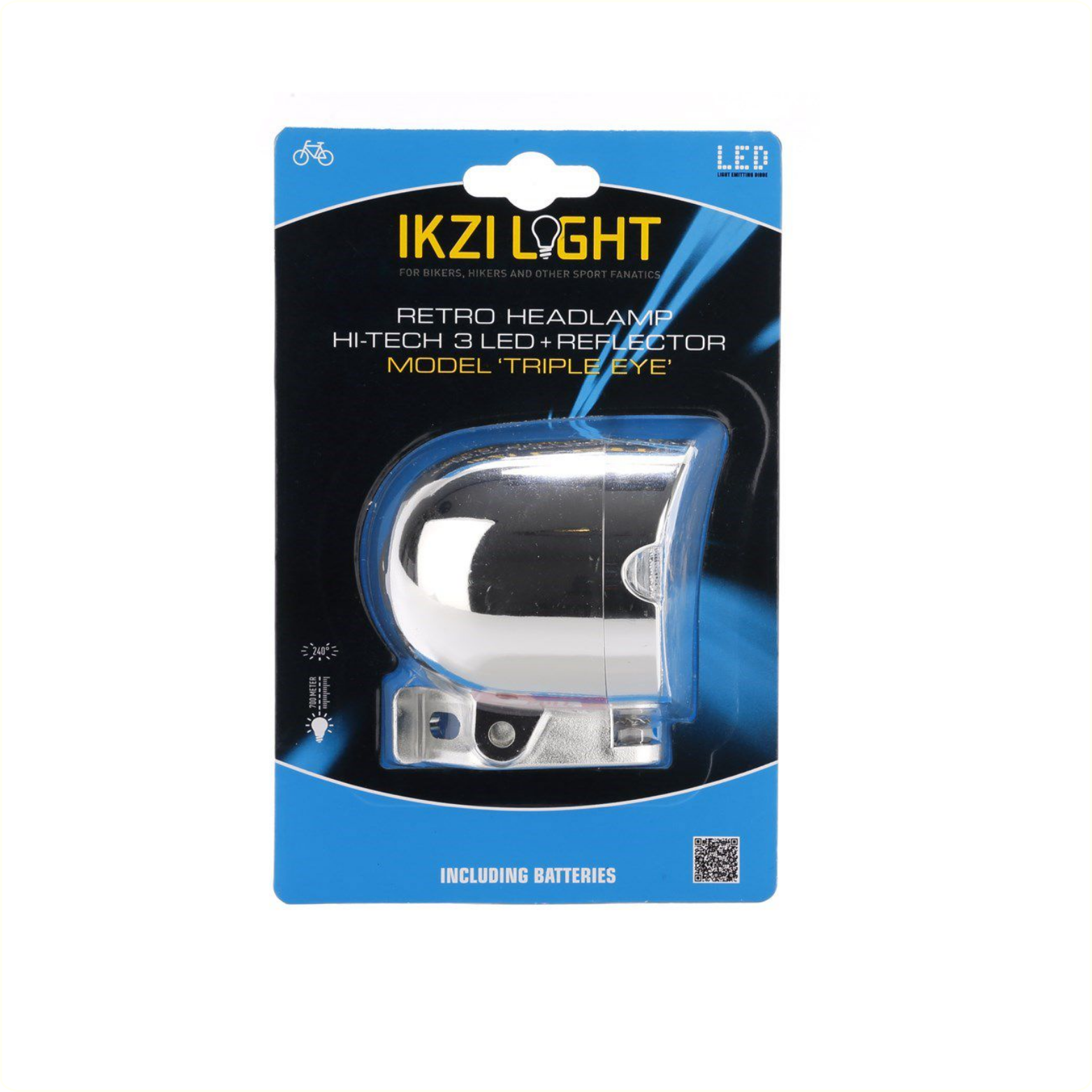 kziLight koplamp 3x LED met lamphaak, reflector E1, chroom, incl batterijen (hangverpakking)