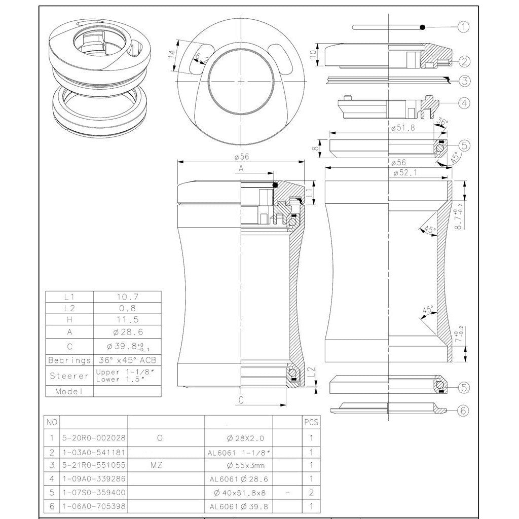Tecora balhoofdstel1 1 8 inch semi geintegreerd met kabel doorvoer