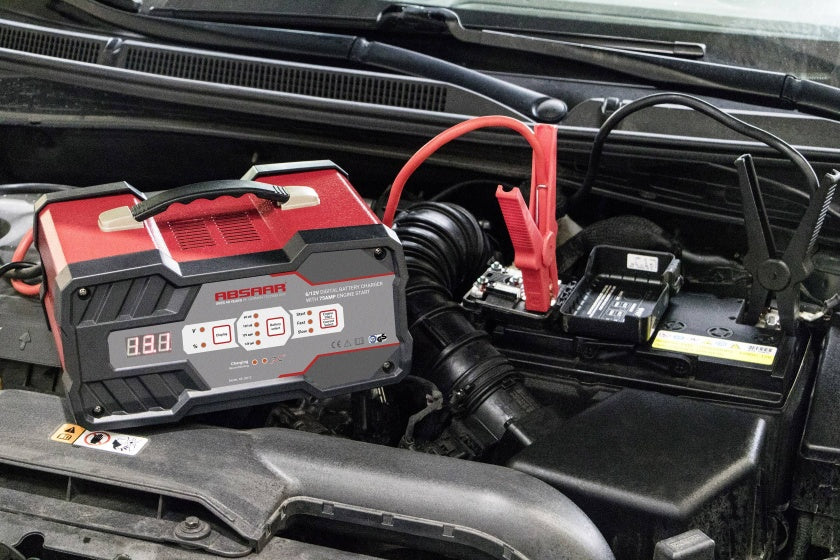 Absaar acculader + jumpstarter 6 12 volt 25-120 ah 12 ampère rood