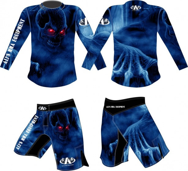 MMA-kledingset fightshirt met fightbroek blauw maat M