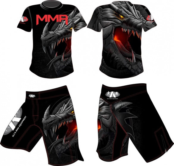 MMA-kledingset fightshirt met fightbroek zwart maat L