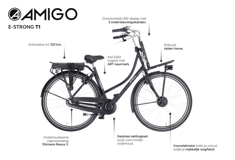 Amigo E-Strong T1 28 Inch 51 cm Dames 3V Terugtraprem Matzwart/Zwart