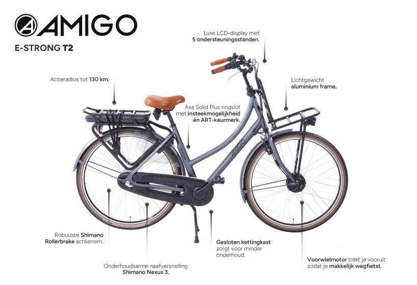 Amigo E-Strong T2 28 Inch 49 cm Dames 3V Rollerbrake Matgrijs