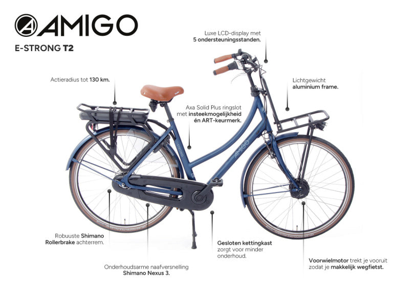Amigo E-Strong T2 28 Inch 57 cm Dames 3V Rollerbrake Donkerblauw