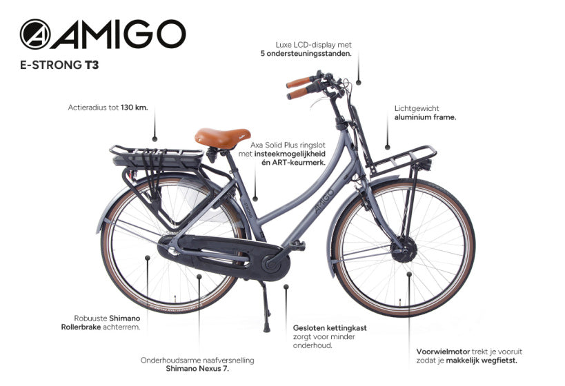 Amigo E-Strong T3 28 Inch 53 cm Dames 7V Rollerbrake Matgrijs