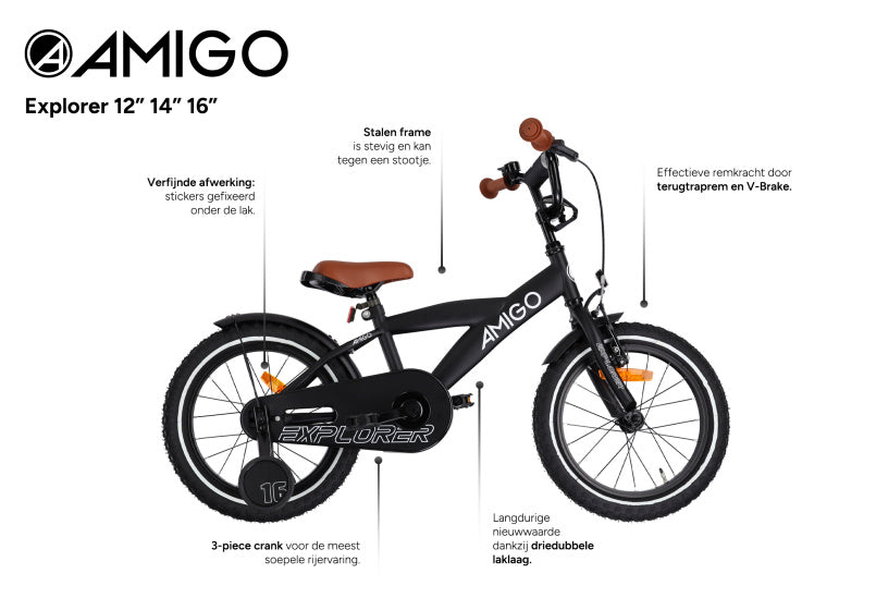 Amigo Explorer 16 Inch 23 cm Jongens Terugtraprem Zwart/Wit