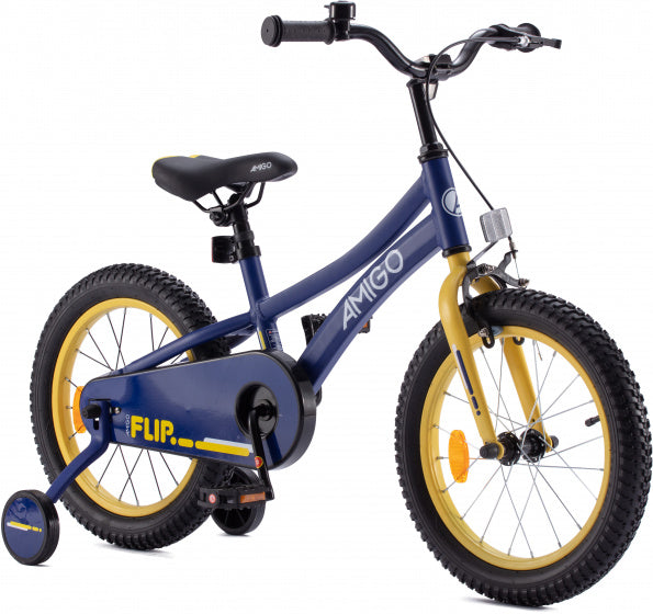 Amigo Flip 16 inch 25 cm jongens terugtraprem donkerblauw/geel