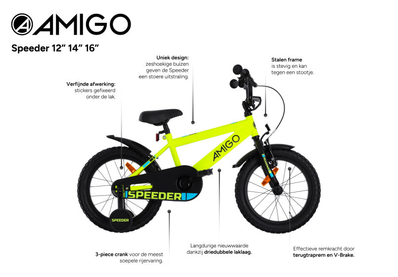 Amigo Speeder 16 Inch 27 cm Jongens Terugtraprem Geel/Zwart