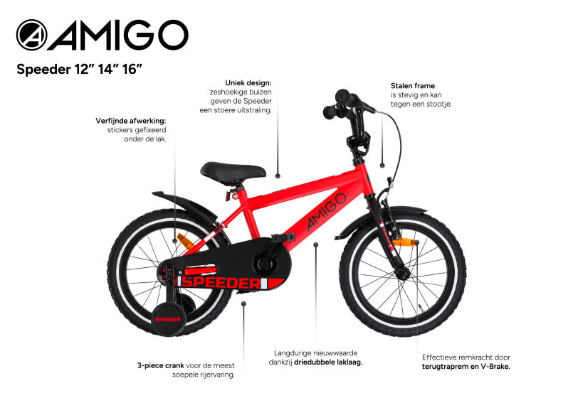 Amigo Speeder 16 Inch 27 cm Jongens Terugtraprem Rood/Zwart