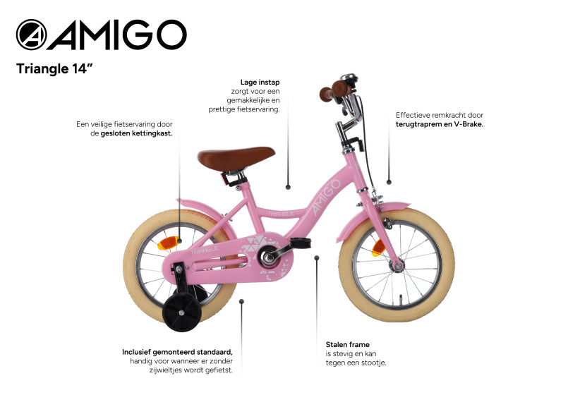Amigo Triangle 14 Inch 23 cm Meisjes Terugtraprem Roze