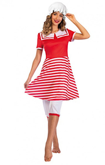 zwemjurk jaren 20 dames polyester rood/wit 3-delig mt M/L