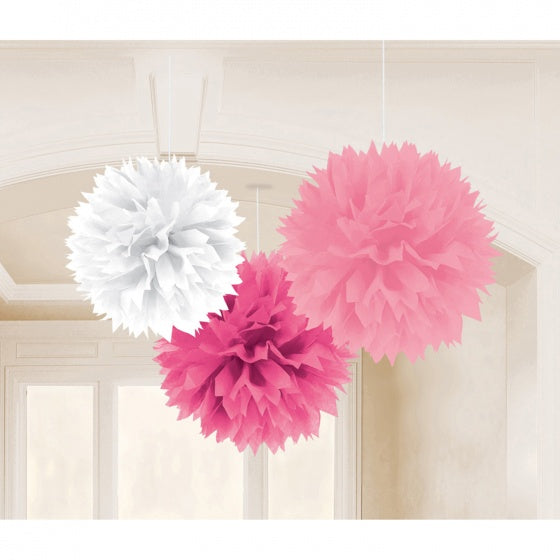 fluffy hangdecoraties 40 cm 3 stuks roze/wit