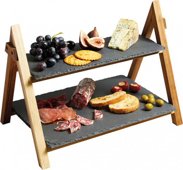 etagère 2-laags 40 x 25 x 30 cm leisteen/hout zwart/naturel