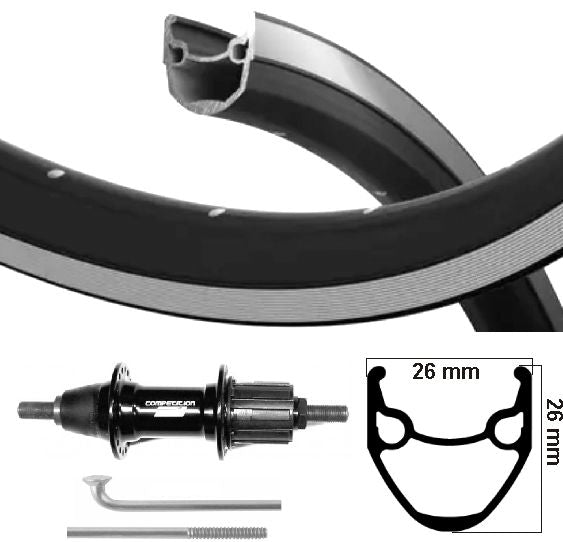 Kgs achterwiel 28 inch (622) velg zwart zilver cass 7sp vaste as