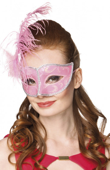 oogmasker Venice met veer dames roze one-size