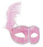 oogmasker Venice met veer dames roze one-size