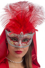 half gezichtsmasker glitter en veer rood/zilver